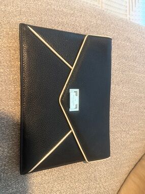 kate spade Black Pebbled Envelope Clutch with Cream Trim